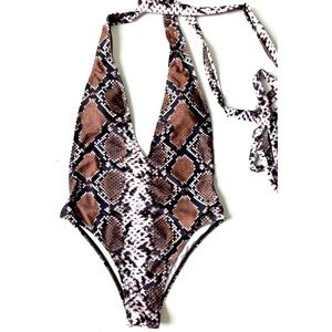 Backless Swimsuit One Piece M Halter Neck Tie Plunging Neck Backless Snakeskin
